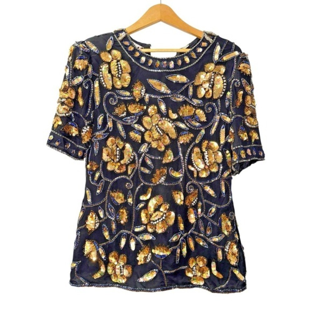 Vtg. Laurence Kazar Beaded Top Womens Small Evening Top Black Gold Silk Sequin